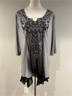 Women's Gray Embellished Scoop Neck Tunic with Black Sheer Hem size extra large